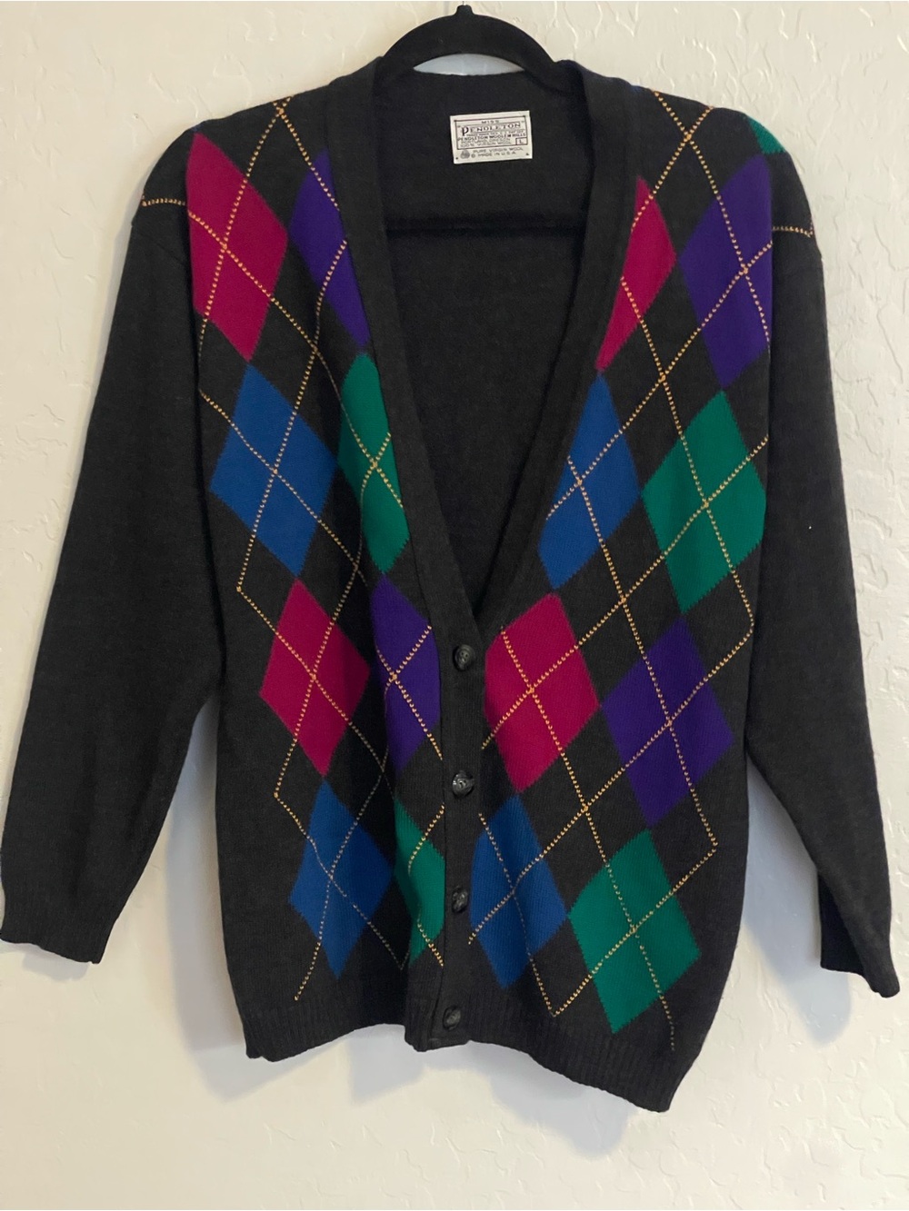 Vintage Miss Pendleton Virgin Wool Argyle Cardigan Sweater L Academia Preppy USA